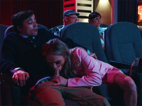 Cinema time and teen moaned during movie