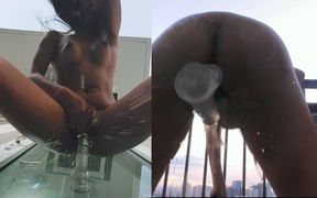 Outside on balcony double cam squirt show from behind and below