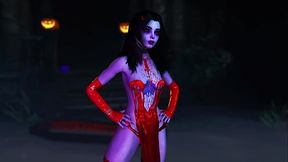 Young vampire seduces in red latex dress, dances with dark allure