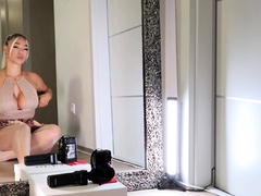 Shaved pussy blonde Tasha Reign with big boobs goes solo