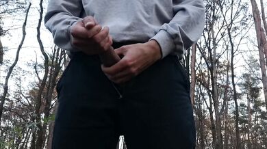 Хлопець з великим членом дрочить в лісі. Ліс. На природі. Великий член