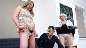 ”Young stud fucks horny old woman & unshaved wifey in threesome”