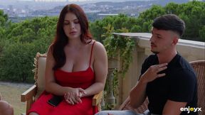 Curvy Redhead Babe in Lingerie Sucking and Fucking with Two Young Studs