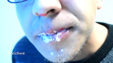Eating cake with his mouth