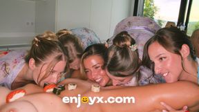 Lesbian orgy with seven women and tons of big dildos