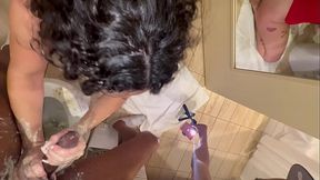 Shaved slut Betty gags on BBC while giving deepthroat blowjob and rimming