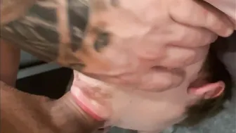 Muscular daddy face fucks fit twink and shoots a close up load