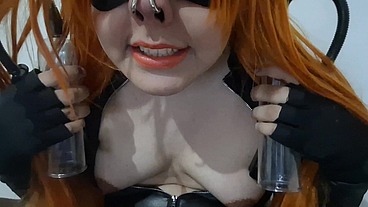Full Version: Sissy Black Widow Lactates and Grows her Tits until they are Hanging low, then Whips them with a Vacuum Milking Machine.