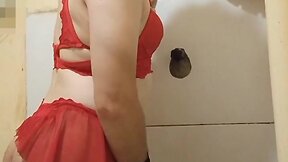 Husband crossdressing in wifes lingerie.