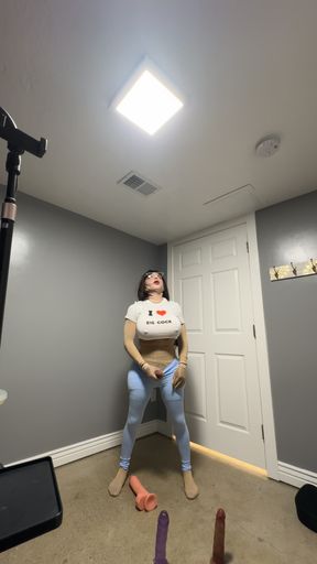 Hot trans CD in Tight blue leggings doing some yoga wit her favorite shirt