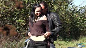 Horny boosty brunette fuck with hairy biker outdoor