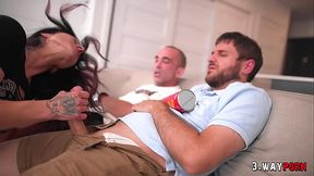 3-Way Porn - a Small Tits Step-Mum is Getting a Facial Lustfully by a Random Dude in a Threesome.