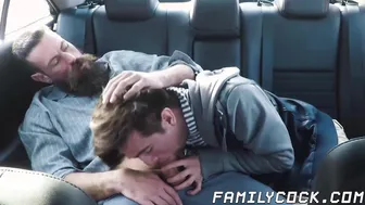 Bearded stepdad barebacks his cute twink stepson in the car
