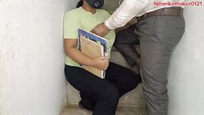 Teacher crams desk, girl pupil learns new position on stairs