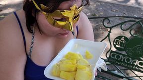 i suck my man s ass, cock and balls, extract a lot of cum and eat it with pineapple in public