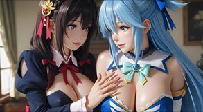 Sfw Aqua and Yunyun From Konosuba Soft Show Touching and Kissing Lesbian