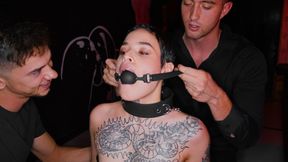 Two rough studs tame tattooed tart with gagged oral&#x1F61C; service in bondage