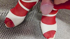 I piss on my white sandals and red stockings
