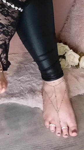Sensual Foot Play, Black Lace & Golden Jewelry