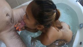 ”Petite amateur Thai teen Cherry waxing her BFs big white dick in the bath”