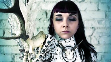 Alissa Noir joins gothic cosplay trio in red velvet lounge with stockings and tattoos on display