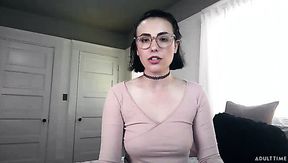 Giggling nerdy brunette whore Casey Calvert flashes her boobs and goes solo