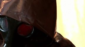 Masturbation Fun In The Bar Room with Gas Mask + Red Latex Catsuit Under Rubber Raincoat - Part 1 of 4