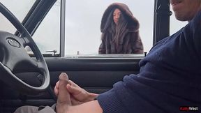 Brown-haired babe gives hot stroke session in public parking lot