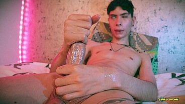 Slow Motion Cumshot Skinny Twink Magic C Jerking His Big Cut Cock With Oil