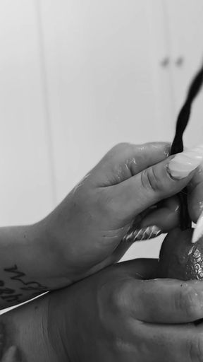 Femdom. a Busty Dominatrix Inserts Dilators Into a Stretch-wrapped Sex Slave's Urethra Until He Orgasms.