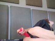 Clean shaved sissy takes HUGE dildo
