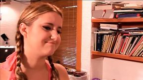 Thick teen chews on fat cock and gets her big pussy fucked on couch