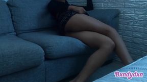 Tight miniskirt flashing latina fingerbangs on couch POV
