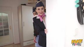 ”Slutty air hostesses fucking the first available cock after landing - Moona Snake, Rebecca Volpetti & Jenny Doll”