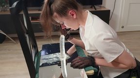 ritzy rain takes a deepthroat exam on top of mirror and gets throat fucked with o-ring mouth gag