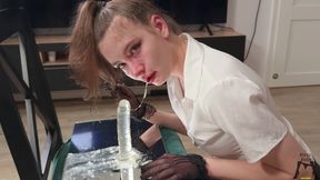 ritzy rain takes a deepthroat exam on top of mirror and gets throat fucked with o-ring mouth gag