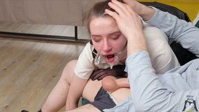 ritzy rain takes a deepthroat exam on top of mirror and gets throat fucked with o-ring mouth gag