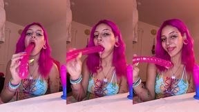nali marie double-sided dildo gagging blowjob solo female drooling spit