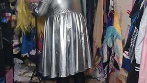 Shiny silver pvc dress kigurumi layered breathplay cosplay