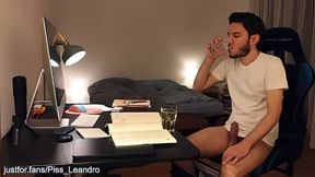 Gay piss in drinking glass while in student bedroom