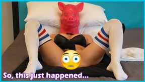 Slutty piggy woman worships her masked masked in white knee high socks