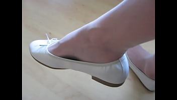 white Tamaris leather ballet flats and white nylons, shoeplay and dangling by Isabelle-Sandrine