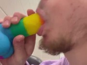 Sucking dildo in gas station bathroom