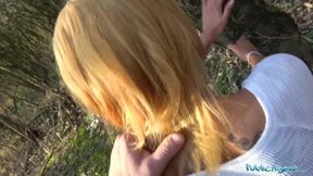Amateur milf gets her tight blonde pussy wet in a public forest fuck