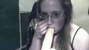 Nerdy Russian webcam girl pokes her hairy pussy with dildo