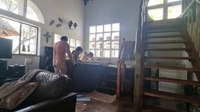 Interracial 3 girls 1 cock foursome BLOWJOB and pussy fucking swapping in and out of SPA BATH | REVERSE GANGBANG
