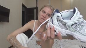Blondie sniffs her stinky New Balances with white socks! MP4