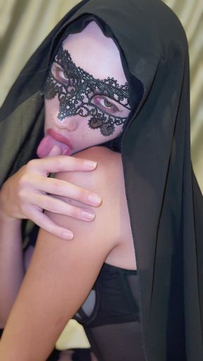 Seductive Black Hijab Girl in Lace Mask on Knees