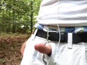 Jacking-off my cock next to a tree, quick cum, close-up!