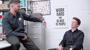 Tatted security officer sucked and milked by twink